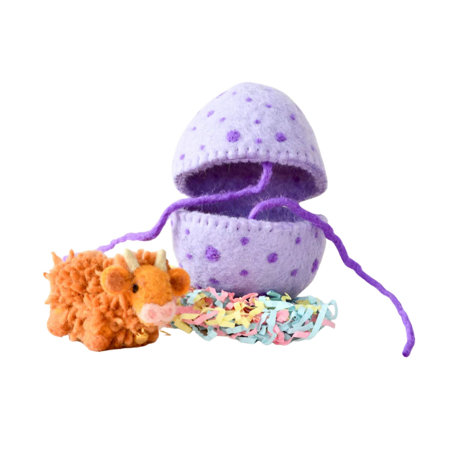 Felt Purple Surprise Egg with Light Brown Highland Cow