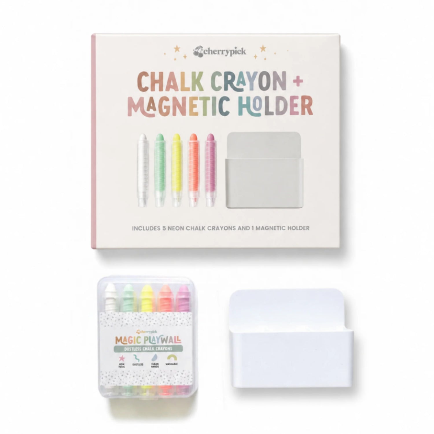 Dustless Chalk Crayons + Magnetic Holder Bundle for Magic Playwall (Neon)