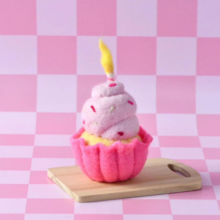Felt Giant Pink Vanilla Cupcake with Candle | Play Food