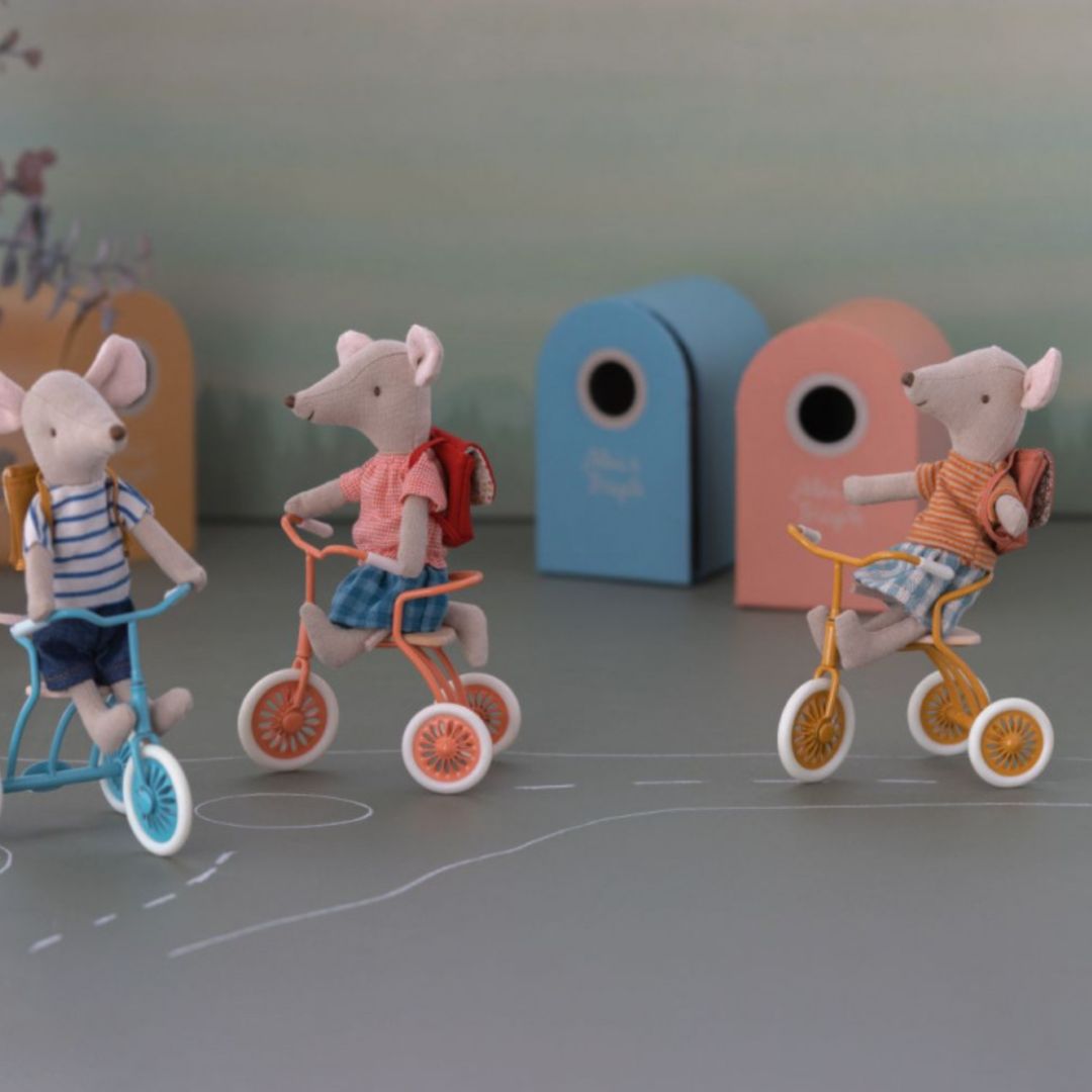Maileg Tricycle Mouse with Bag - Old Rose (Big Sister)