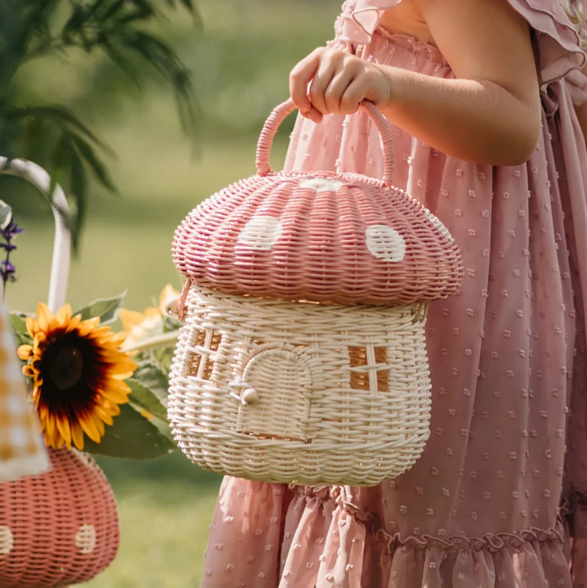 Olli Ella Rattan Rattan Mushroom Basket (Pink Muskl) by Olli Ella Pink Musk Rattan Mushroom Basket | Rattan Baskets for Children