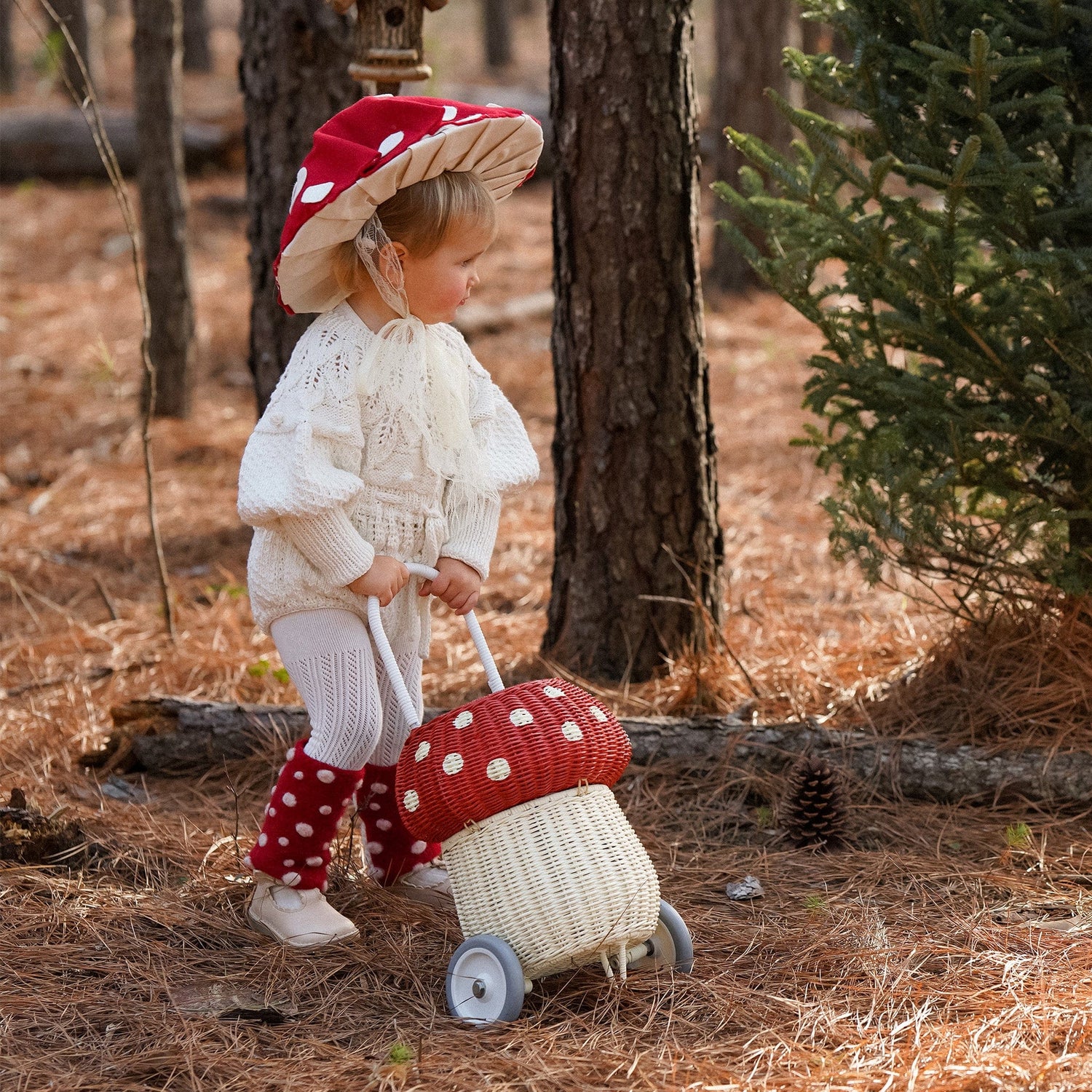 Olli Ella Rattan Rattan Mushroom Luggy (Red) by Olli Ella Olli Ella Red & White Rattan Mushroom Luggy  I Rattan Nursery Decor