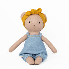 Huggabeau Soft Toys Huggabeau Sandy Bear in Blue Harem Romper (Handmade in Canada) Huggabeau Sandy Bear in Blue Harem Romper