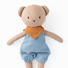 Huggabeau Soft Toys Huggabeau Sandy Bear in Blue Harem Romper & Swedish Cross Handkerchief (Handmade in Canada) Huggabeau Sandy Bear in Blue Harem Romper & Swedish Cross Handkerchief