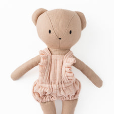 Huggabeau Soft Toys Huggabeau Sandy Bear in Blush Pink Frilly Bloomeralls (Handmade in Canada) Huggabeau Sandy Bear in Blush Pink Frilly Bloomeralls