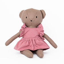 Huggabeau Soft Toys Huggabeau Sootie Bear in Pink Mauve Ruffle Dress Set (Handmade in Canada) Huggabeau Sandy Bear in Blue Harem Romper