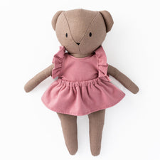 Huggabeau Soft Toys Huggabeau Sootie Bear in Pink Mauve Ruffle Dress Set (Handmade in Canada) Huggabeau Sandy Bear in Blue Harem Romper