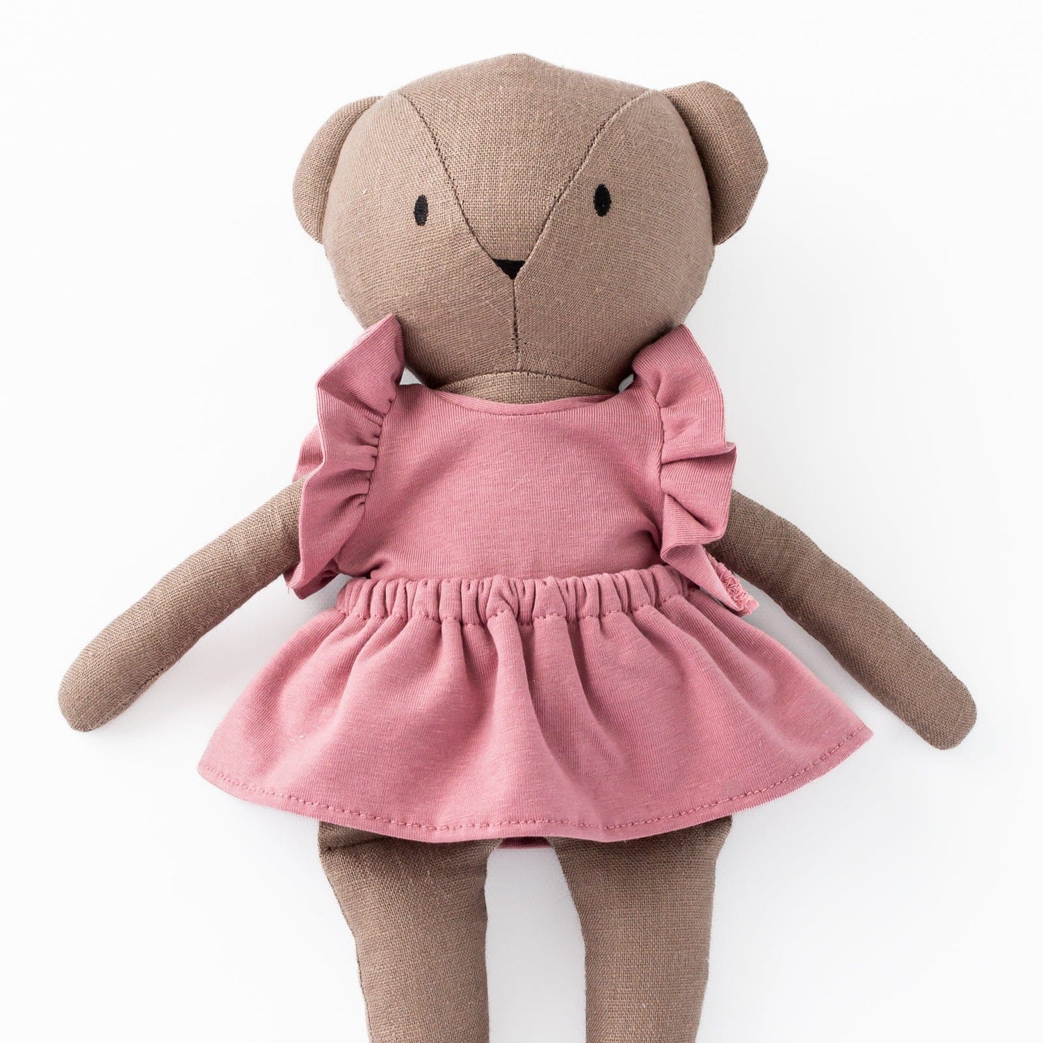 Huggabeau Soft Toys Huggabeau Sootie Bear in Pink Mauve Ruffle Dress Set (Handmade in Canada) Huggabeau Sandy Bear in Blue Harem Romper