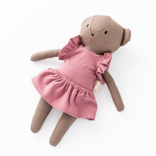 Huggabeau Soft Toys Huggabeau Sootie Bear in Pink Mauve Ruffle Dress Set (Handmade in Canada) Huggabeau Sandy Bear in Blue Harem Romper