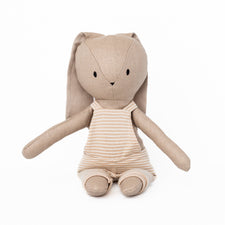 Huggabeau Soft Toys Huggabeau Sootie Bunny in Beige Striped Shortalls (Handmade in Canada) Huggabeau Sootie Bunny in Beige Striped Shortalls