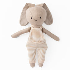 Huggabeau Soft Toys Huggabeau Sootie Bunny in Beige Striped Shortalls (Handmade in Canada) Huggabeau Sootie Bunny in Beige Striped Shortalls