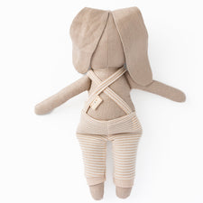 Huggabeau Soft Toys Huggabeau Sootie Bunny in Beige Striped Shortalls (Handmade in Canada) Huggabeau Sootie Bunny in Beige Striped Shortalls