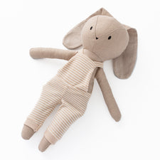 Huggabeau Soft Toys Huggabeau Sootie Bunny in Beige Striped Shortalls (Handmade in Canada) Huggabeau Sootie Bunny in Beige Striped Shortalls