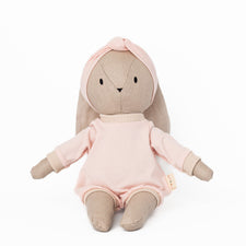 Huggabeau Soft Toys Huggabeau Sootie Bunny in Blush Pink Romper & Headband (Handmade in Canada) Huggabeau Sootie Bear in Sky Blue Pom Pom Set