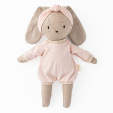 Huggabeau Soft Toys Huggabeau Sootie Bunny in Blush Pink Romper & Headband (Handmade in Canada) Huggabeau Sootie Bear in Sky Blue Pom Pom Set