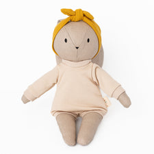 Huggabeau Soft Toys Huggabeau Sootie Bunny in Sand Bubble Romper & Mustard Headband (Handmade in Canada) Huggabeau Sootie Bunny in Sand Bubble Romper & Mustard Headband