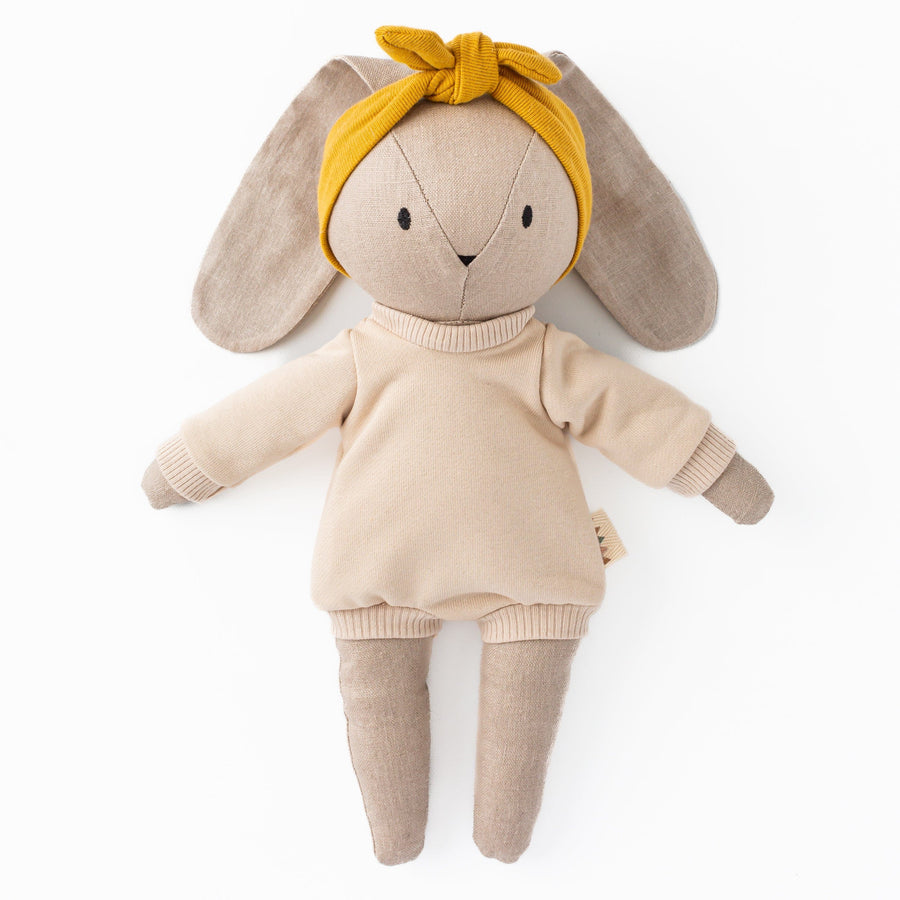 Huggabeau Soft Toys Huggabeau Sootie Bunny in Sand Bubble Romper & Mustard Headband (Handmade in Canada) Huggabeau Sootie Bunny in Sand Bubble Romper & Mustard Headband