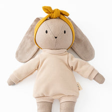 Huggabeau Soft Toys Huggabeau Sootie Bunny in Sand Bubble Romper & Mustard Headband (Handmade in Canada) Huggabeau Sootie Bunny in Sand Bubble Romper & Mustard Headband