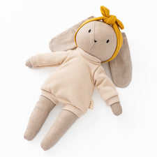 Huggabeau Soft Toys Huggabeau Sootie Bunny in Sand Bubble Romper & Mustard Headband (Handmade in Canada) Huggabeau Sootie Bunny in Sand Bubble Romper & Mustard Headband