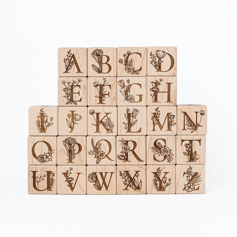 Maker Mind Toys Building & Stacking Floral Alphabet Blocks (Set of 26) - Handmade in Canada