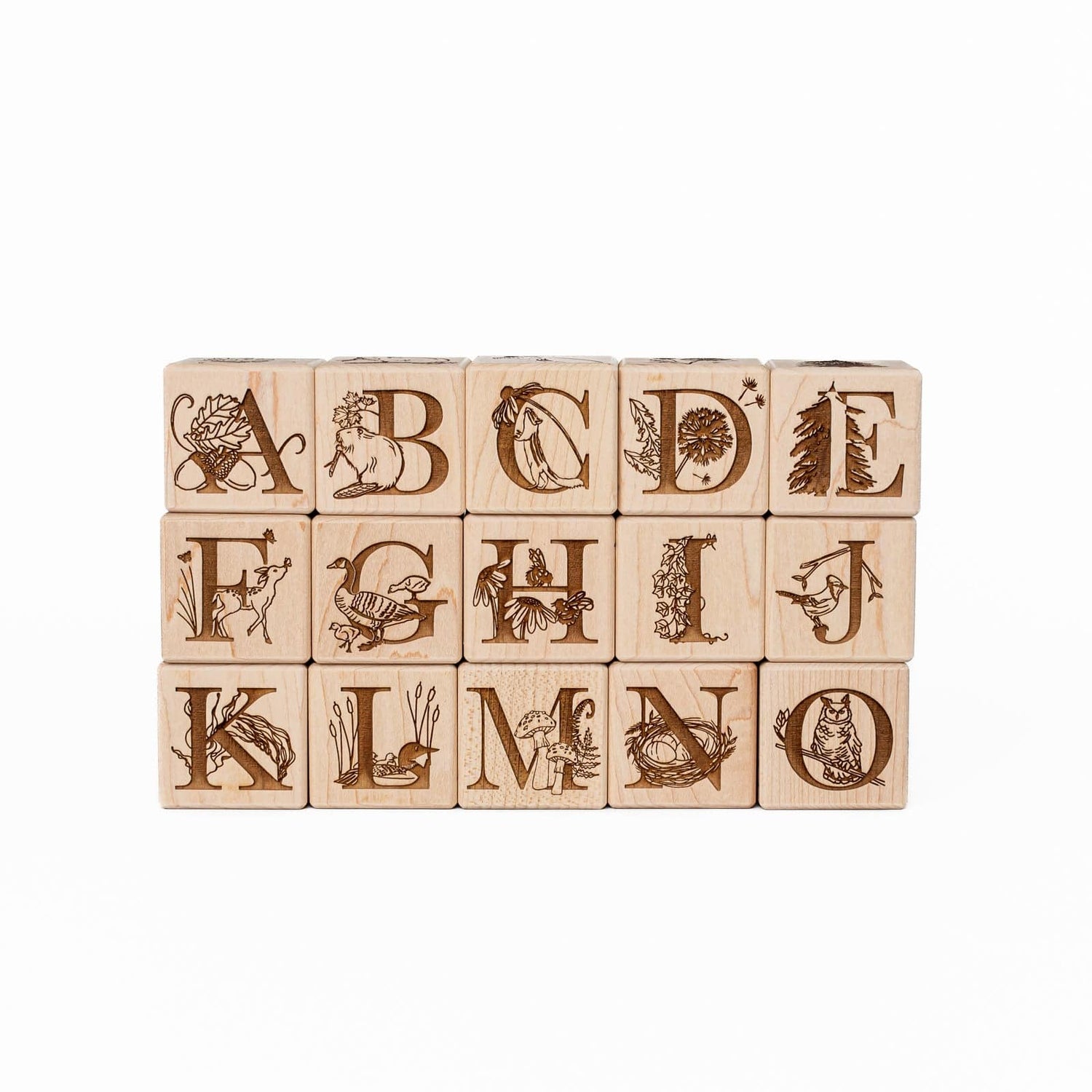 Maker Mind Toys Building & Stacking Nature Collection Alphabet Blocks (Set of 15) - Handmade in Canada