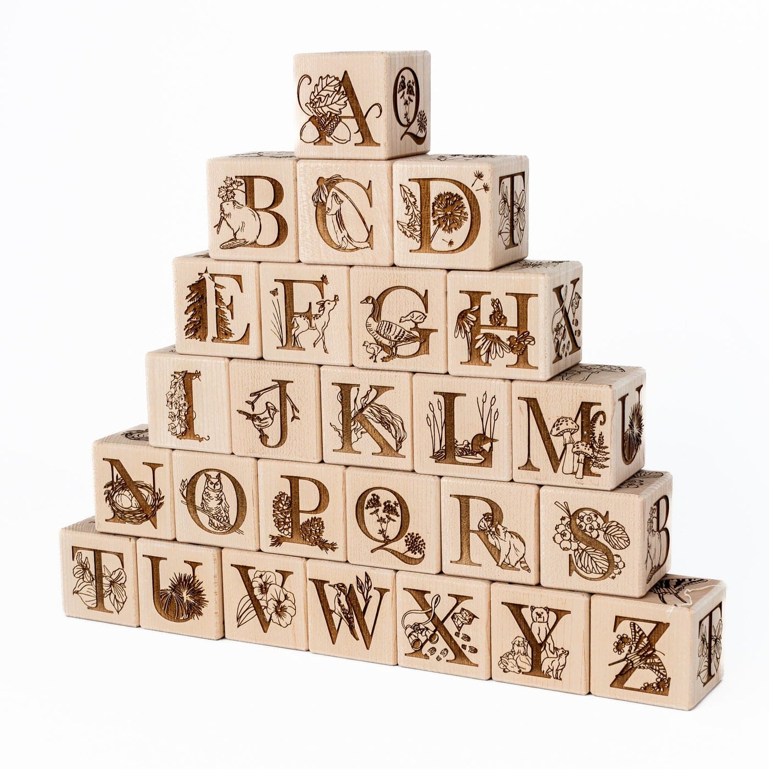 Maker Mind Toys Building & Stacking Nature Collection Alphabet Blocks (Set of 26) - Handmade in Canada