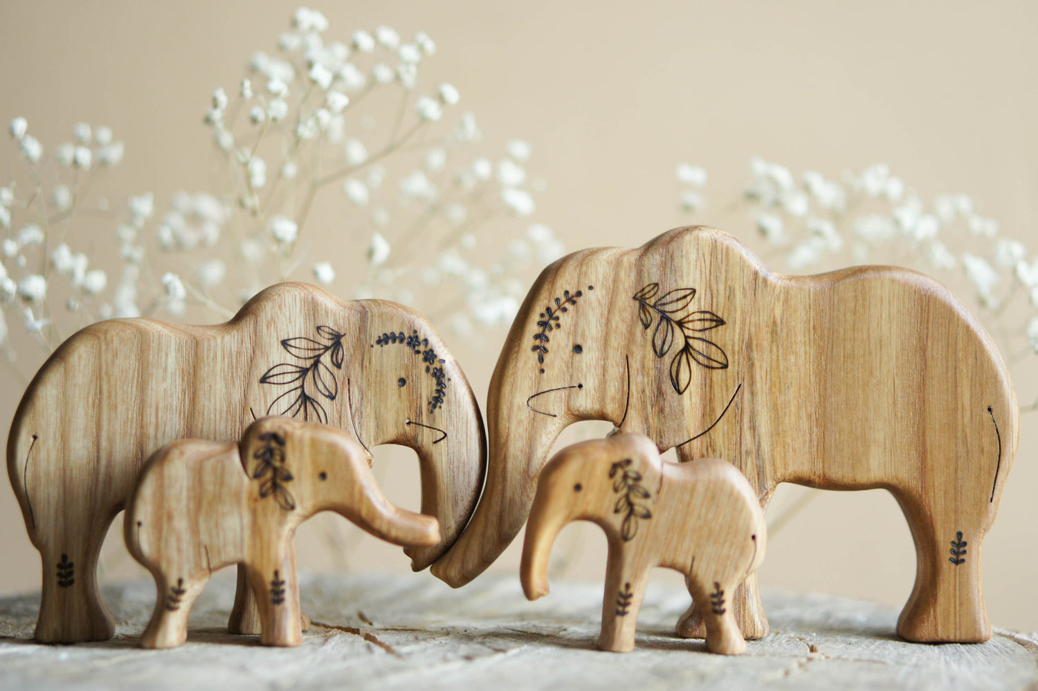 Tiny Fox Hole Wooden Animals Handmade Wooden Set of Elephants (set of 4)