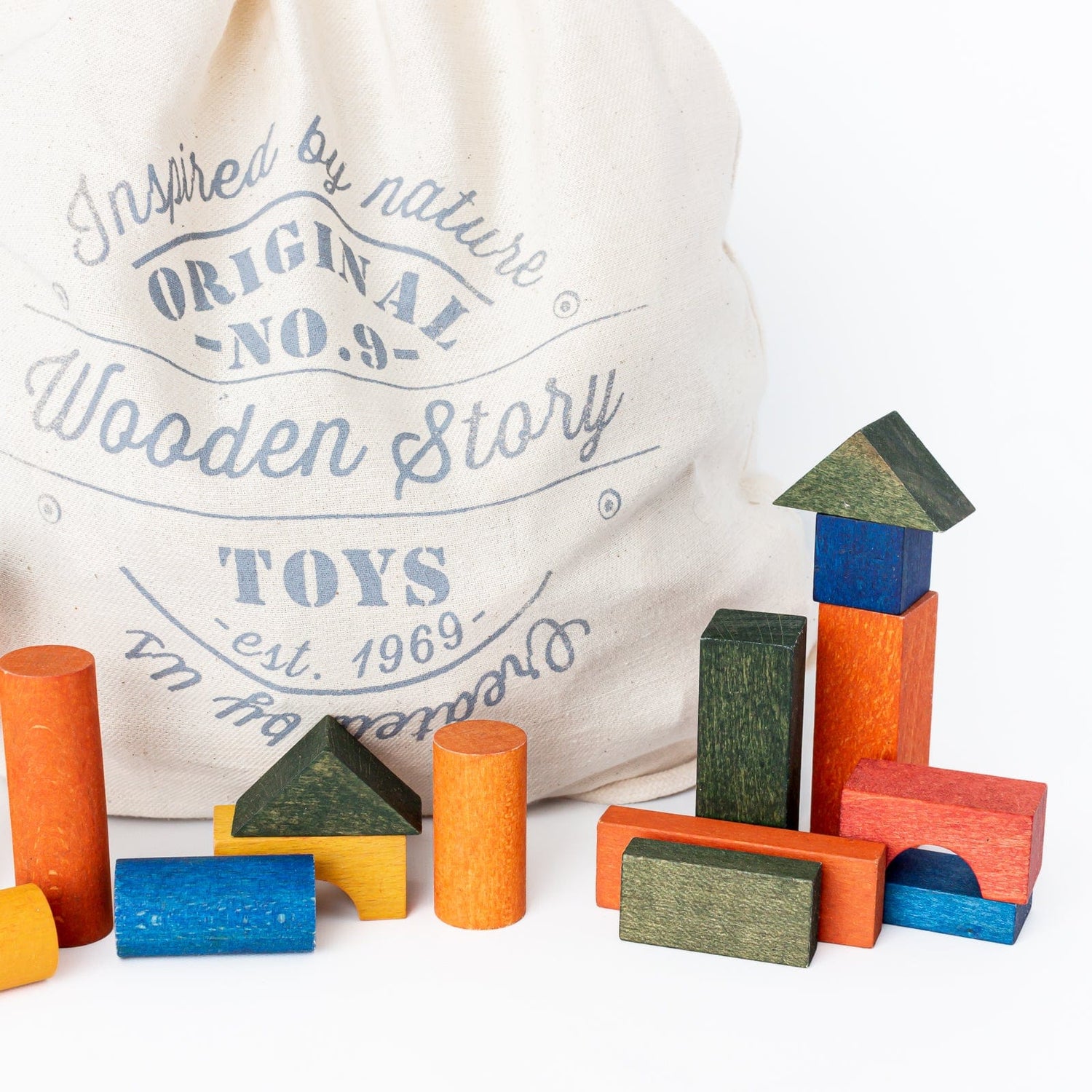 Wooden Story Building & Stacking Handmade Wooden Blocks in Sack (Set of 100 ) - Colour