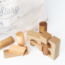 Wooden Story Building & Stacking Handmade Wooden Blocks in Sack (Set of 100 ) - Natural