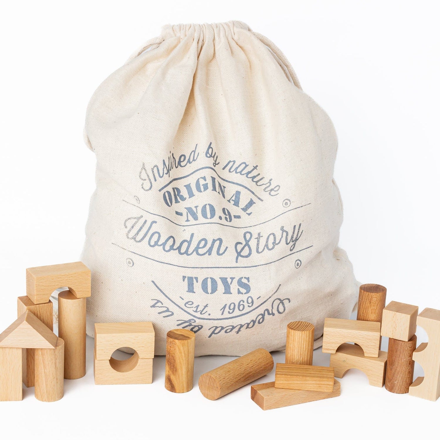 Wooden Story Building & Stacking Handmade Wooden Blocks in Sack (Set of 100 ) - Natural