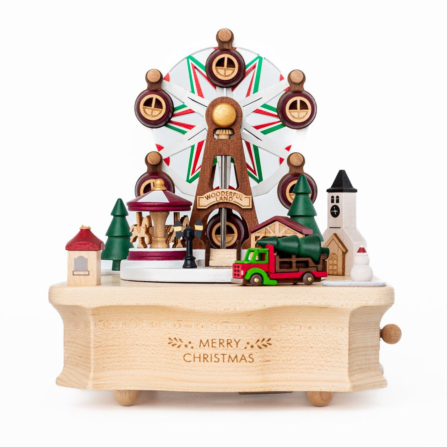 Wooderful Life Music Boxes Wooden Holiday Carnival Market Music Box Wooden Holiday Carnival Music Box | Wooden Christmas Music Box